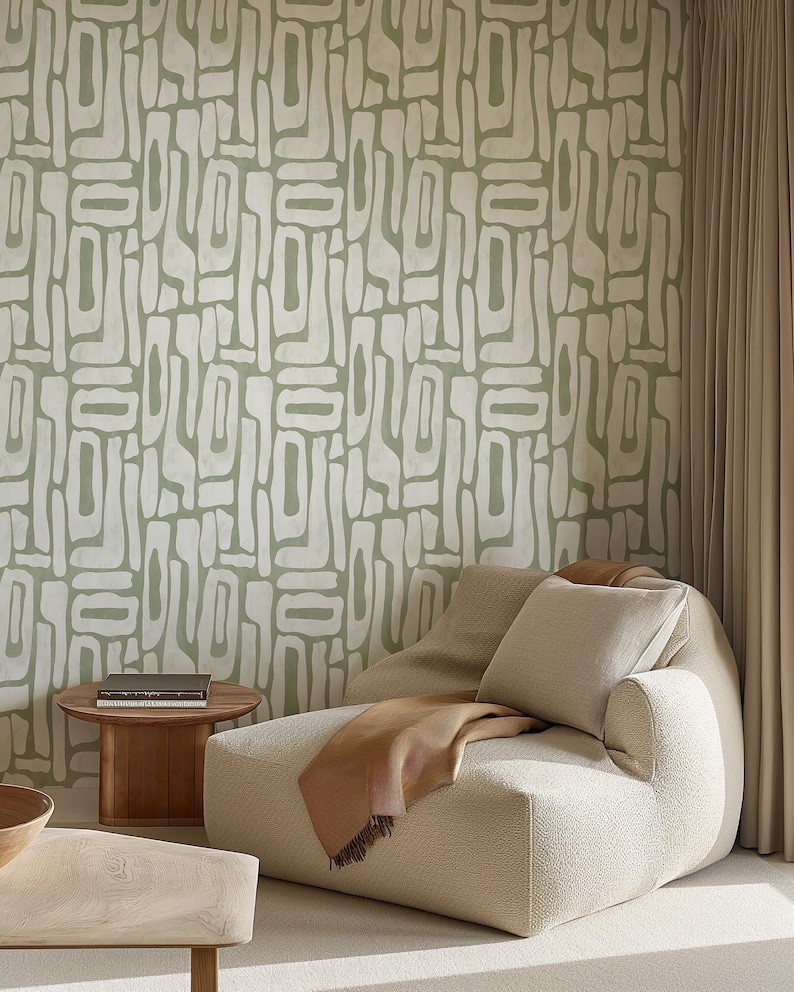 Pistachio Abstract Shapes Wallpaper | Contemporary Removable Self Adhesive Funky Wallpaper | Geometrical Minimalist Wall Decor | Mid Century image 1