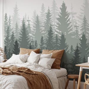 Green Landscape Wallpaper | Foggy Forest Peel and Stick Mural | Pine Tree Self Adhesive or PrePasted Removable Wall Decor | Eco Friendly