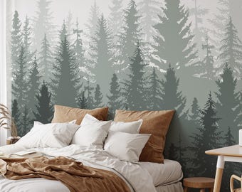 Green Landscape Wallpaper | Foggy Forest Peel and Stick Mural | Pine Tree Self Adhesive or PrePasted Removable Wall Decor | Eco Friendly