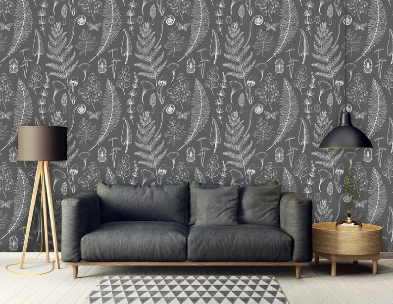 Botanical Forest Peel and Stick Wallpaper Floral Gray Removable Mural Self Adhesive or Pre-Pasted Wallpaper Eco Friendly image 3