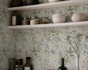 English Botanic Garden Wallpaper, Branches and Flowers Removable Self Adhesive Wall Decor, Neutral Floral Peel and Stick or Traditional Wall