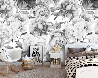 Papel tapiz autoadhesivo de peonías grises / Mural floral de acuarela extraíble / Decoración de pared autoadhesiva o preencolada para habitación infantil / Ecológico