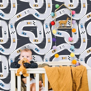 Removable Peel &#39;n Stick Wallpaper, Self-Adhesive Accent Wall Mural, Boys Nursery, Kids Room Decor • Racing Cars Pattern