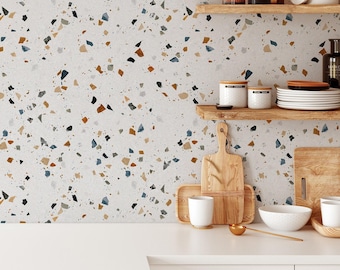 Tapeta samoprzylepna Boho Multicolor Terrazzo | Zdejmowany nowoczesny mural | Samoprzylepna lub wstępnie wklejona dekoracja ścienna Concrete Rock | Ekologiczna