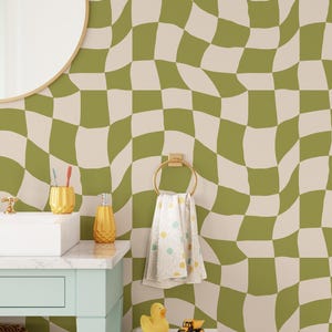 Boho Green Checkered Wallpaper | Removable Peel and Stick Trendy Funny Geometric Pattern | Kids Minimalist Room Decor | Gingham Wall Art