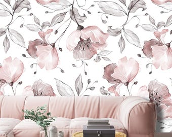 Papel pintado autoadhesivo despegable, mural de pared autoadhesivo, estampado floral de acuarela, decoración para habitación de bebé • Rosas florales botánicas