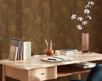 Tapeta w stylu boho minimalistyczna w kształcie łuku | Zdejmowana, samoprzylepna, brązowa fototapeta w stylu retro | Geometryczne, abstrakcyjne linie, odklejana i przyklejana, dekoracja domu z gotową warstwą klejącą