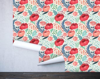 Removable Peel 'n Stick Wallpaper, Self-Adhesive Wall Mural, Watercolor Floral Pattern, Nursery Baby’s Room Decor • Red Flowers Leaves