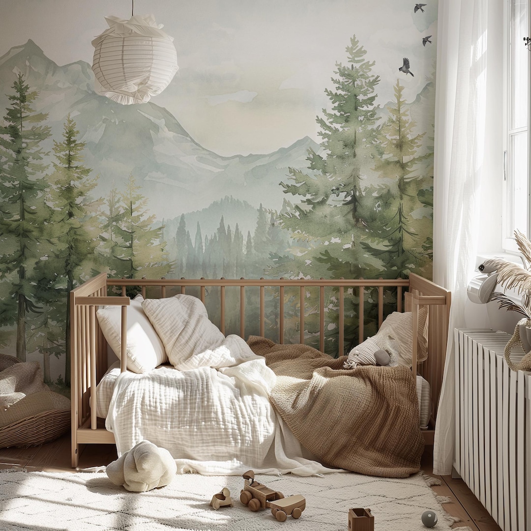 Kids Mountain and Forest Wallpaper Mural | Green Landscape Pine Tree ...