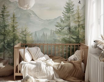 Kids Mountain and Forest Wallpaper Mural | Green Landscape Pine Tree Peel and Stick, Traditional or Pre-Pasted Removable Wall Decor