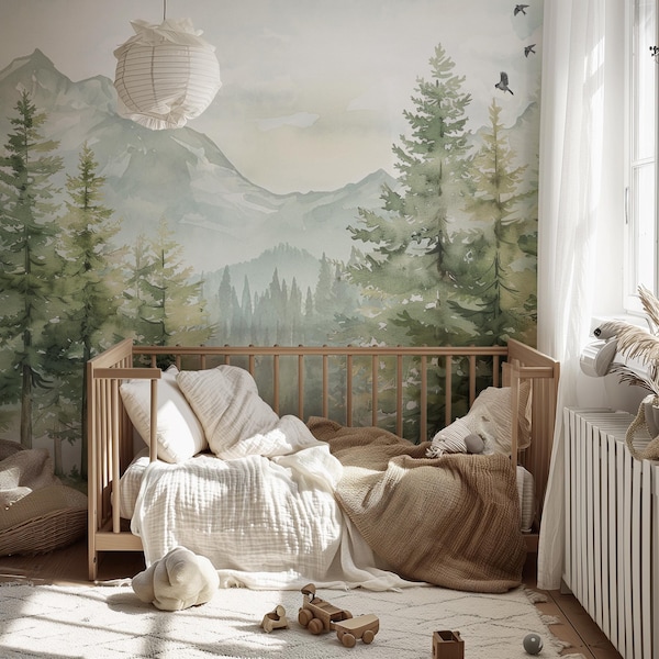 Kids Mountain and Forest Wallpaper Mural | Green Landscape Pine Tree Peel and Stick, Traditional or Pre-Pasted Removable Wall Decor