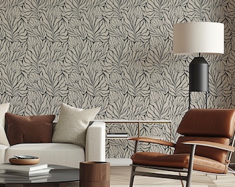 Czarna abstrakcyjna tapeta kwiatowa | Zdejmowana modna boho kwiaty Peel and Stick Wall Decor, samoprzylepna lub tradycyjna tapeta retro, ekologiczna