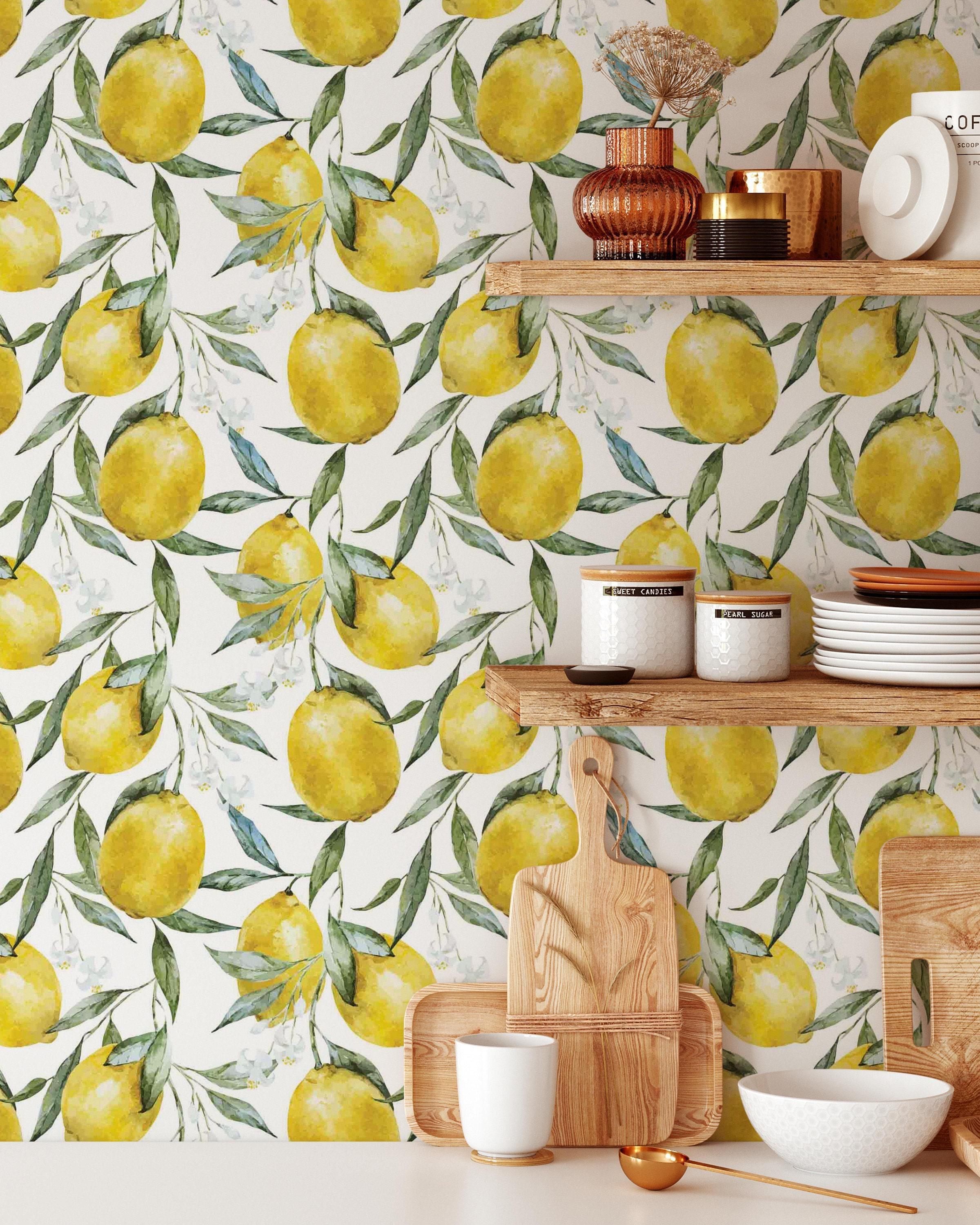 Lemons With Leaves and Blossoms Wallpaper | Removable Self