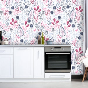 Removable Peel 'n Stick Wallpaper, Self-Adhesive Wall Mural, Watercolor Floral Pattern, Nursery Room Decor, Custom Colors Berries Leaves image 5