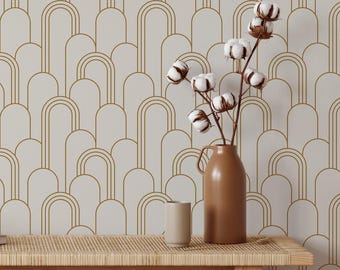 Papel pintado Art Déco vintage / Patrón geométrico autoadhesivo removible / Papel pintado dorado mate despegar y pegar o preencolado / Ecológico