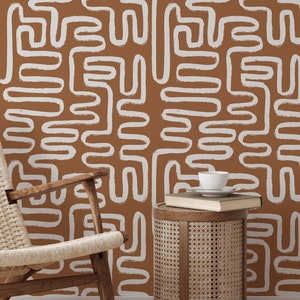 Minimalist Lines Wallpaper | Removable Self Adhesive Brown Boho Wallpaper | Geometrical Abstract Lines Peel and Stick or Pre-Pasted