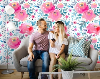 Removable Wallpaper | Peel and Stick Watercolor Wallpaper | Self Adhesive Floral Mural | Flower Wallpaper