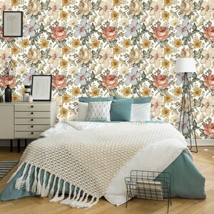 Vintage Rose Removable Wallpaper | Peel and Stick Floral Mural | Self Adhesive Flower Wall Decor | Leaves Wall Art image 2