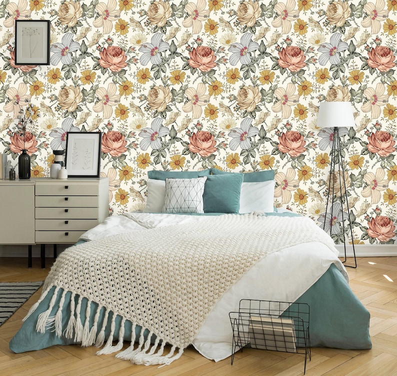 Vintage Rose Removable Wallpaper | Peel and Stick Floral Mural | Self Adhesive Flower Wall Decor | Leaves Wall Art image 2
