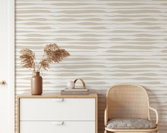 Beige Stripes Shibori Wallpaper | Removable Self Adhesive Hand Drawn Wallpaper | Customizable Geometrical Lines Peel and Stick Wallpaper