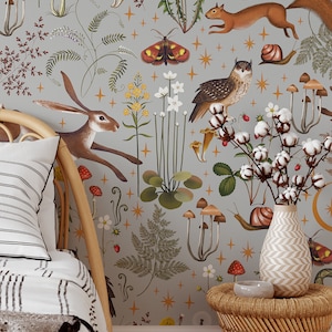 Gray Woodland Wallpaper | Removable Self Adhesive Animals Botanical Wallpaper | Flower and Forest Peel and Stick or Pre-Pasted Wallpaper