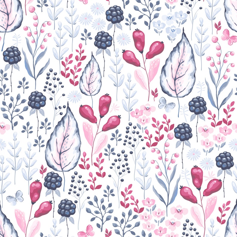 Removable Peel 'n Stick Wallpaper, Self-Adhesive Wall Mural, Watercolor Floral Pattern, Nursery Room Decor, Custom Colors Berries Leaves image 6