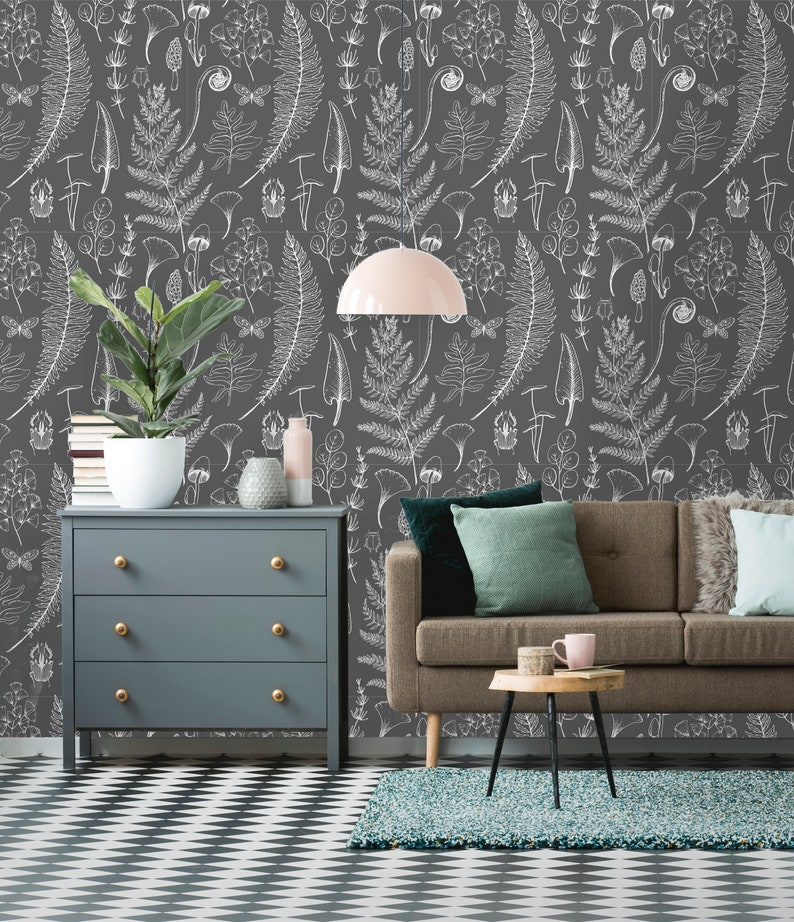 Botanical Forest Peel and Stick Wallpaper Floral Gray Removable Mural Self Adhesive or Pre-Pasted Wallpaper Eco Friendly image 2