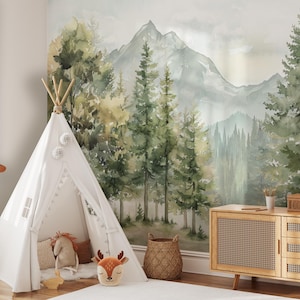 May include: A child's playroom with a white teepee tent, a giraffe toy, and a forest mural. The room features a wooden cabinet, a woven basket, and decorative pillows. The color palette includes shades of white, brown, and green.