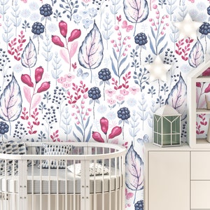 Removable Peel 'n Stick Wallpaper, Self-Adhesive Wall Mural, Watercolor Floral Pattern, Nursery Room Decor, Custom Colors Berries Leaves image 4