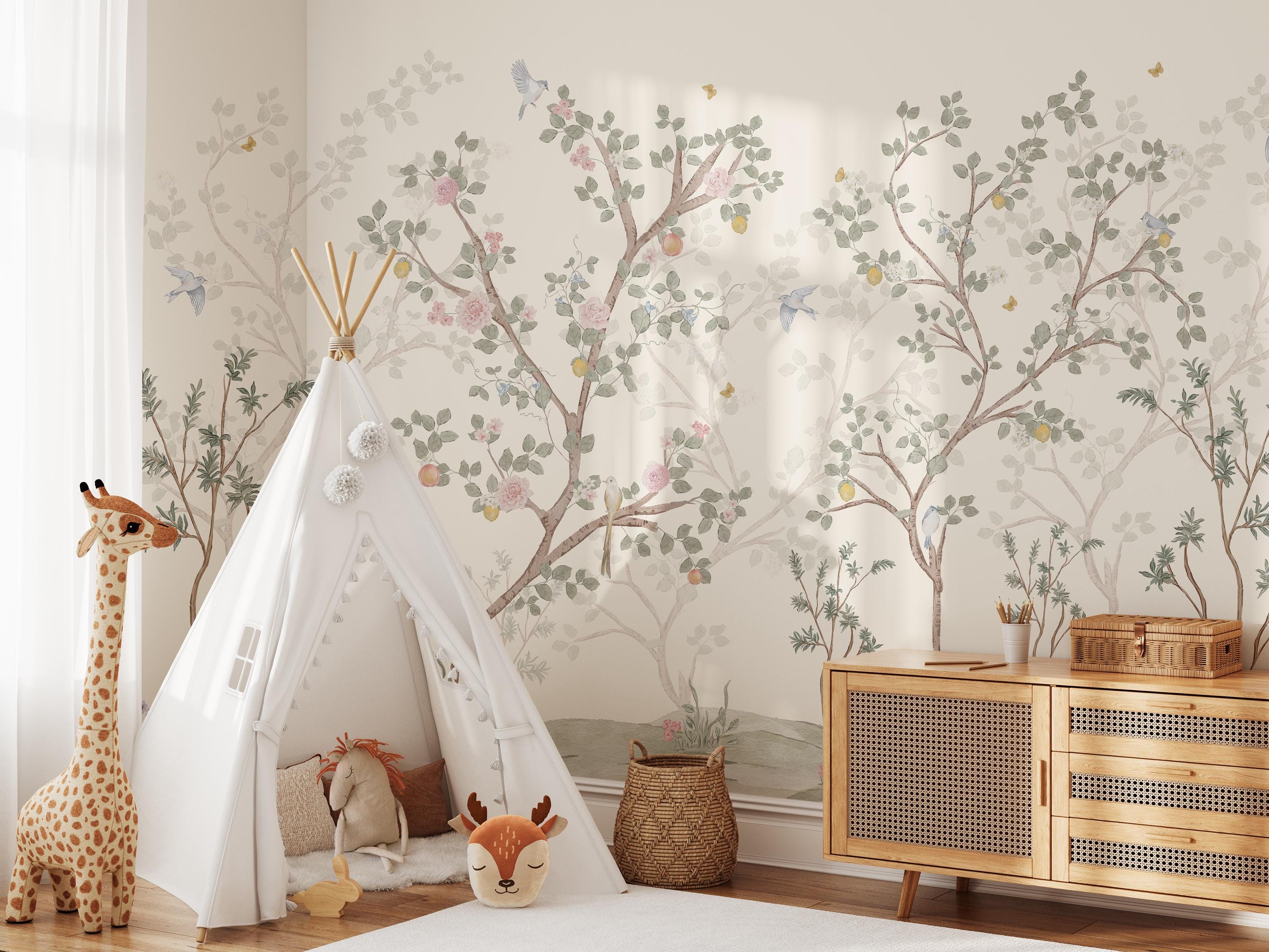 Chinoiserie Blossom Mural With Birds, Branches and Butterflies ...