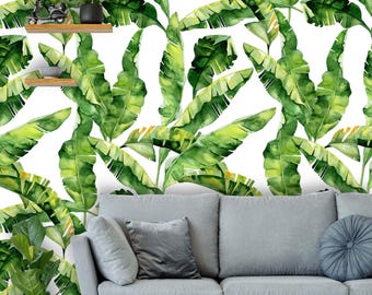 Removable Peel 'n Stick Wallpaper, Self-Adhesive Accent Wall Mural, Tropical Pattern, Nursery, Room Decor • Exotic Banana Leaves