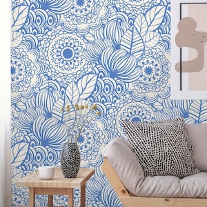 Abnehmbare Tapete | Schälen und Stick Blumenmuster | Handgezeichnetes selbstklebendes Wandbild