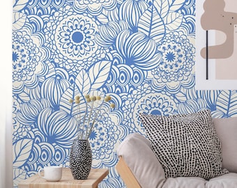 Removable Wallpaper | Peel and Stick Floral Pattern | Hand Drawn Adhesive Wall Mural