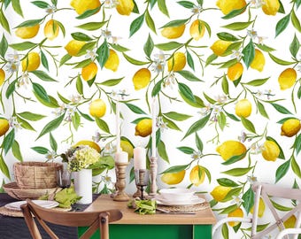Removable Wallpaper | Peel and Stick Floral Wallpaper Pattern | Tropical Wallpaper | Lemon Wallpaper