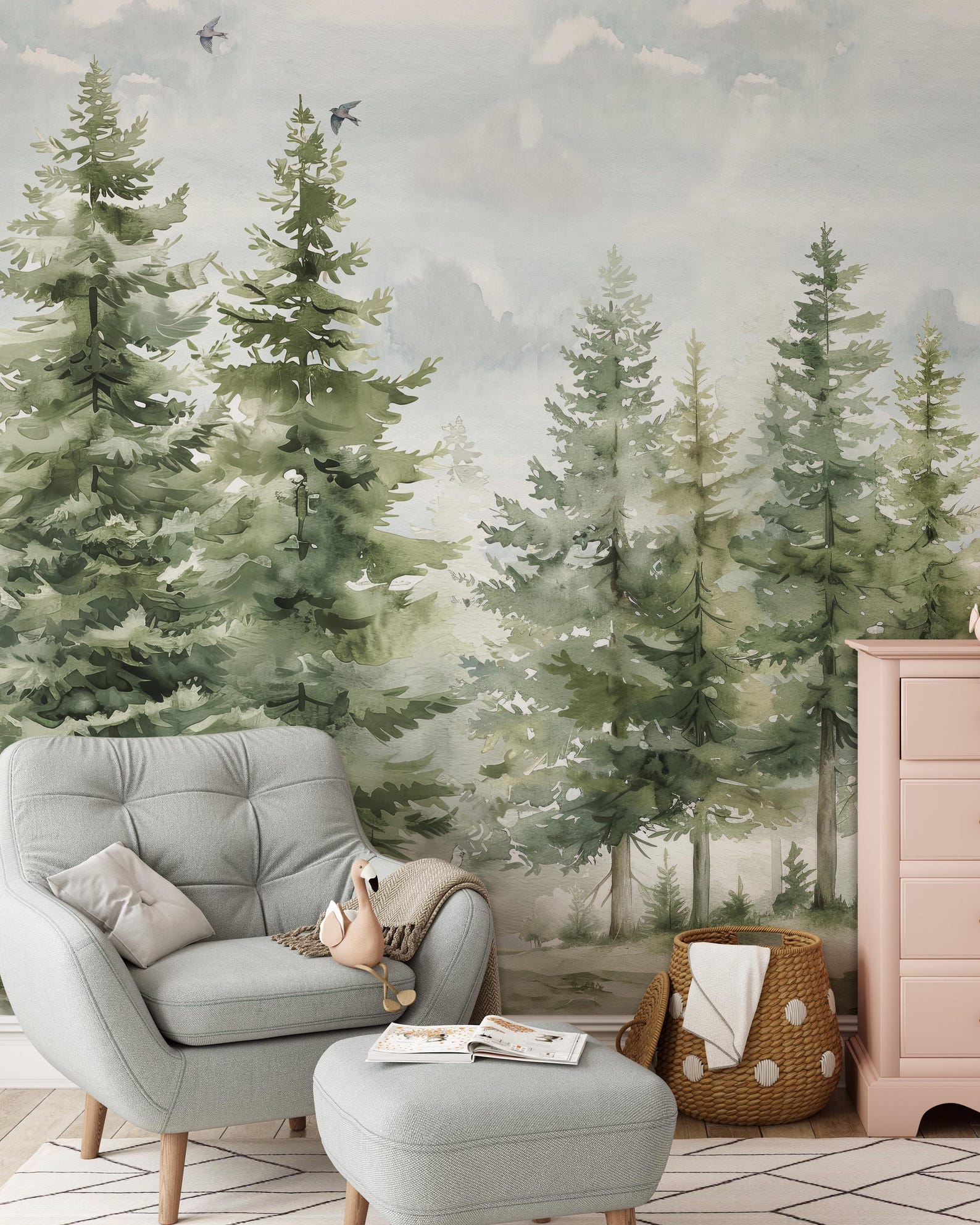 Pine Tree Forest Wallpaper Mural | Green Landscape With Birds and ...