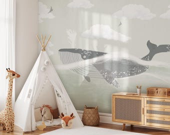 Whale Nursery Mural | Removable Sky Wallpaper | Cute Minimal Baby Boy Blue Clouds and Whale Accent Wall, Gray Kid's Room Interior Wall Decor