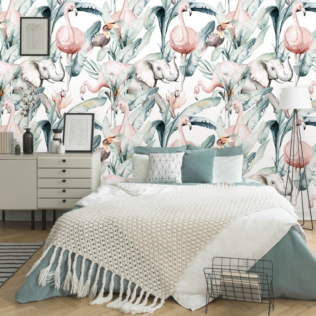 Flamingo Elephant Peel and Stick Wallpaper Removable Tropical Safari