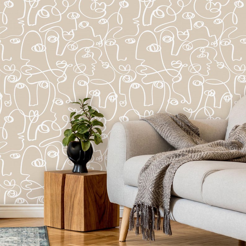 Abstract Faces Peel and Stick Wallpaper | Minimalist Lines Removable Mural | Self Adhesive or Pre-Pasted Wallpaper | Eco Friendly image 5