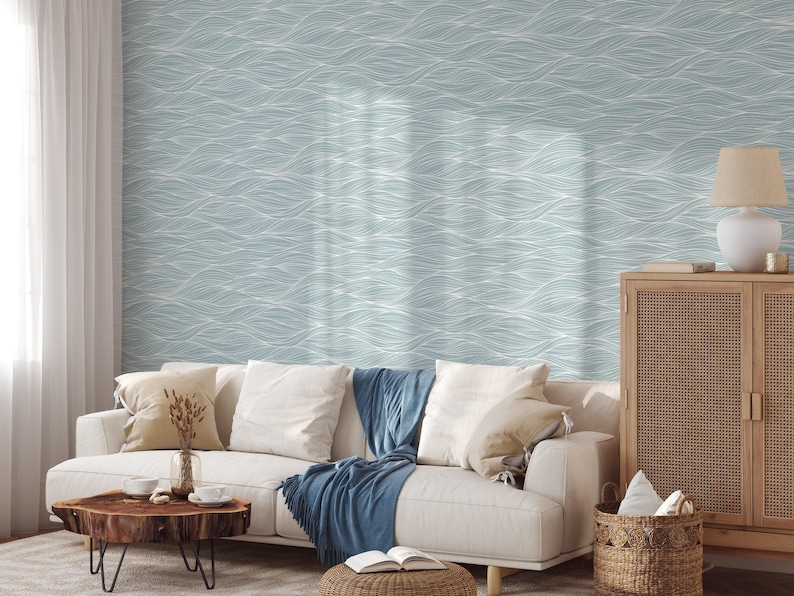 Abstract Ocean Waves Peel and Stick Wallpaper | Removable Blue Mural ...
