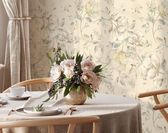 Beige Floral Art Drawing Wallpaper | Removable Watercolor Floral Mural | Pastel Floral Self Adhesive or Pre-Pasted | Eco Friendly