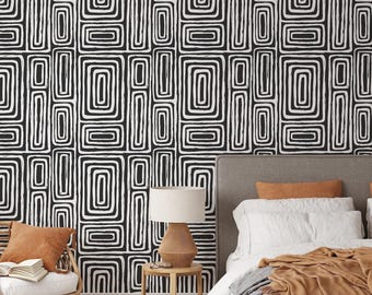 Black and White Modern Wallpaper | Removable Self Adhesive Boho Wallpaper | Geometrical Abstract Lines Peel and Stick or Pre-Pasted | Eco