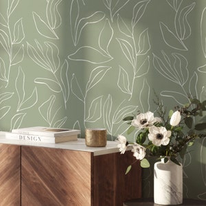 Sage Modern Leaves Peel and Stick Wallpaper | Tropical Minimalistic Removable Mural | Self Adhesive or Pre-Pasted Wallpaper | Eco Friendly