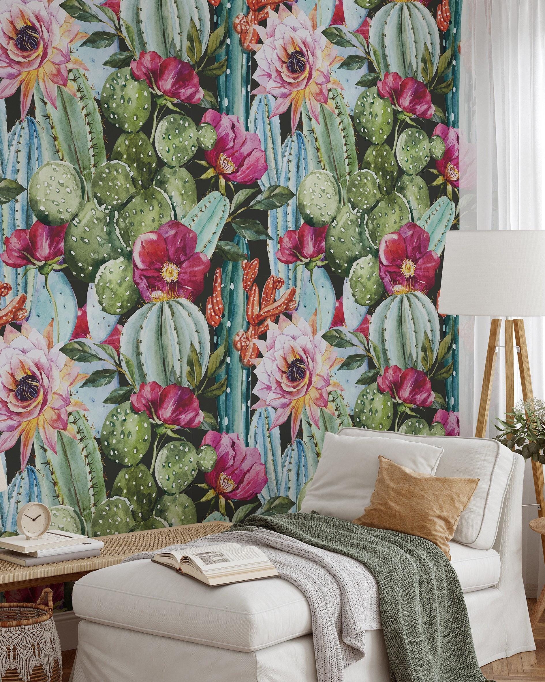 Federa Quadrata In Lino 45x45 Cm Con Motivo Cactus Ad Acquerello - Rosa E Verde, Cuscino Decorativo Per Divano, Con Cerniera Nascosta