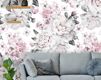Removable Peel 'n Stick Wallpaper, Self-Adhesive Wall Mural, Watercolor Floral Pattern, Nursery Baby’s Room Decor • White Pink Roses