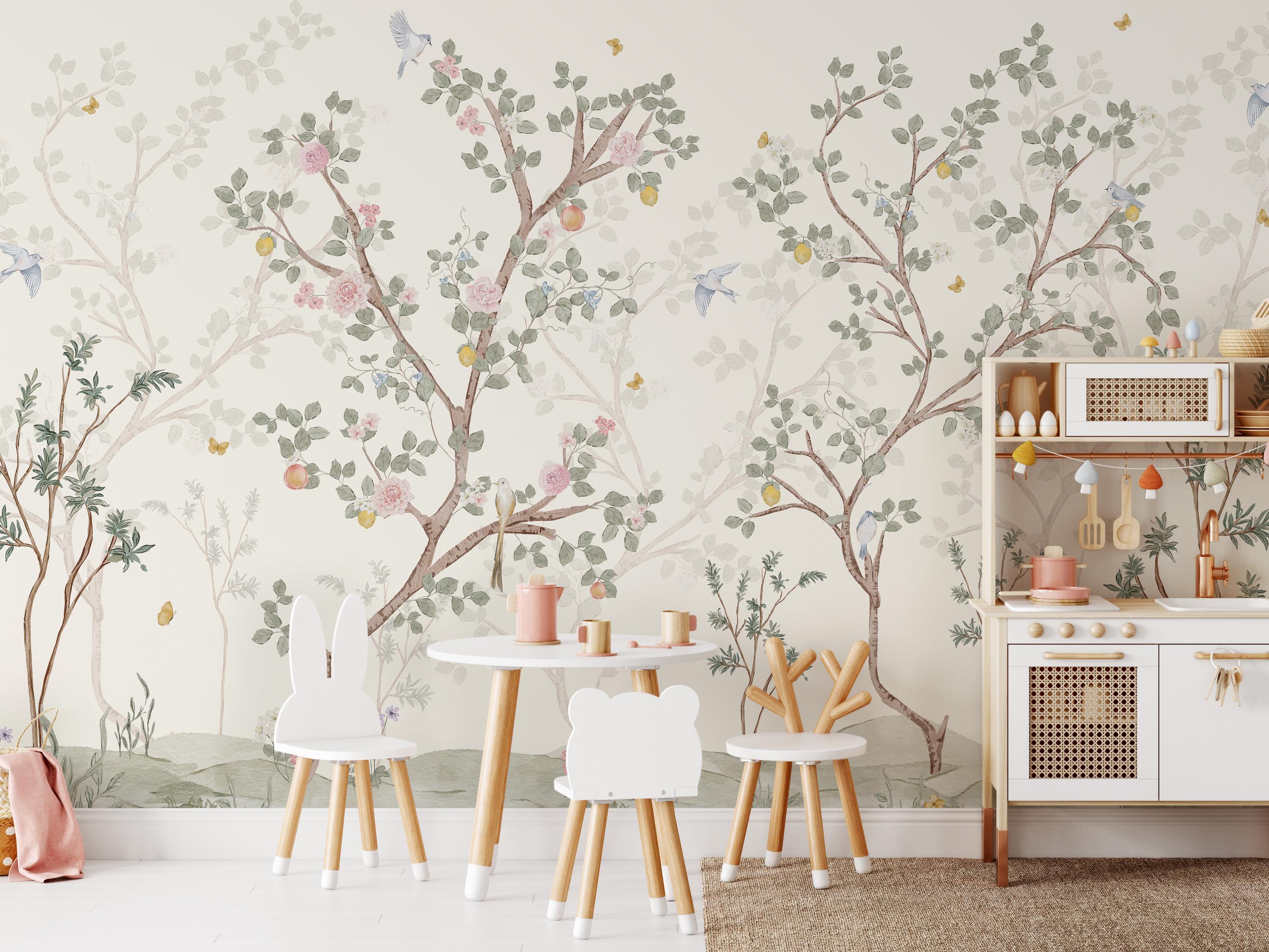 Chinoiserie Blossom Mural With Birds, Branches and Butterflies ...