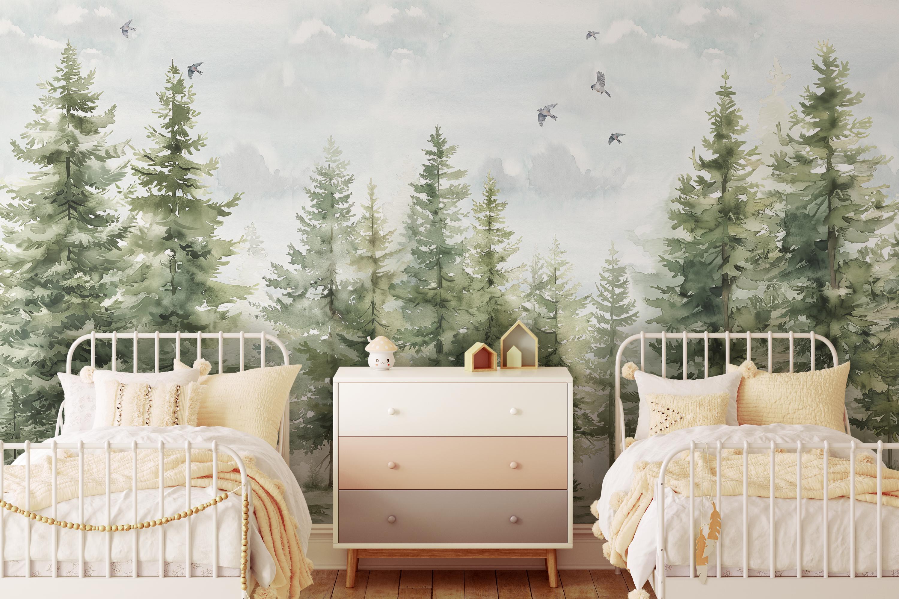 Pine Tree Forest Wallpaper Mural | Green Landscape With Birds and ...