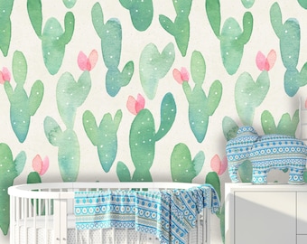 Removable Peel 'n Stick Wallpaper, Self-Adhesive Accent Wall Mural, Tropical Pattern, Nursery, Room Decor • Exotic Watercolor Cactus