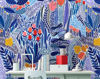 Removable Peel 'n Stick Wallpaper, Self-Adhesive Wall Mural, Watercolor Pink Floral Pattern, Nursery Room Decor • Tropical Blue Flowers