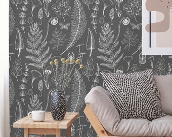 Botanical Forest Peel and Stick Wallpaper | Floral Gray Removable Mural | Self Adhesive or Pre-Pasted Wallpaper | Eco Friendly