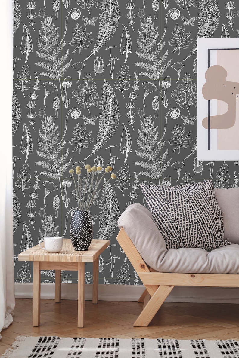 Botanical Forest Peel and Stick Wallpaper Floral Gray Removable Mural Self Adhesive or Pre-Pasted Wallpaper Eco Friendly image 1